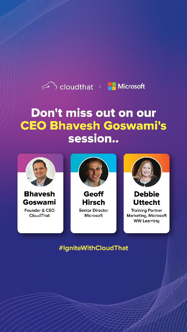 Register Now - link in bio
Our CEO has been presented with a phenomenal opportunity to speak at this year's #MicrosoftIgnite, and we couldn't be prouder. 

Don't forget to tune in to watch our CEO, Bhavesh Goswami @bhaveshgos with @microsoft Partners, Debbie Uttecht, Training Partner Marketing, Microsoft, WW Learning and Geoff Hirsch, Senior Director, Microsoft, as they lead a power-packed discussion titled 'Elevate AI Skilling Outcomes with Microsoft Learn and Training Partners.

Stay tuned for insightful updates from this session.

#IgniteWithCloudThat #Microsoft #Cloud #TechTraining #CloudTraining #CloudComputing #AI #GenAI #Data #TechEvent #partnermarketing